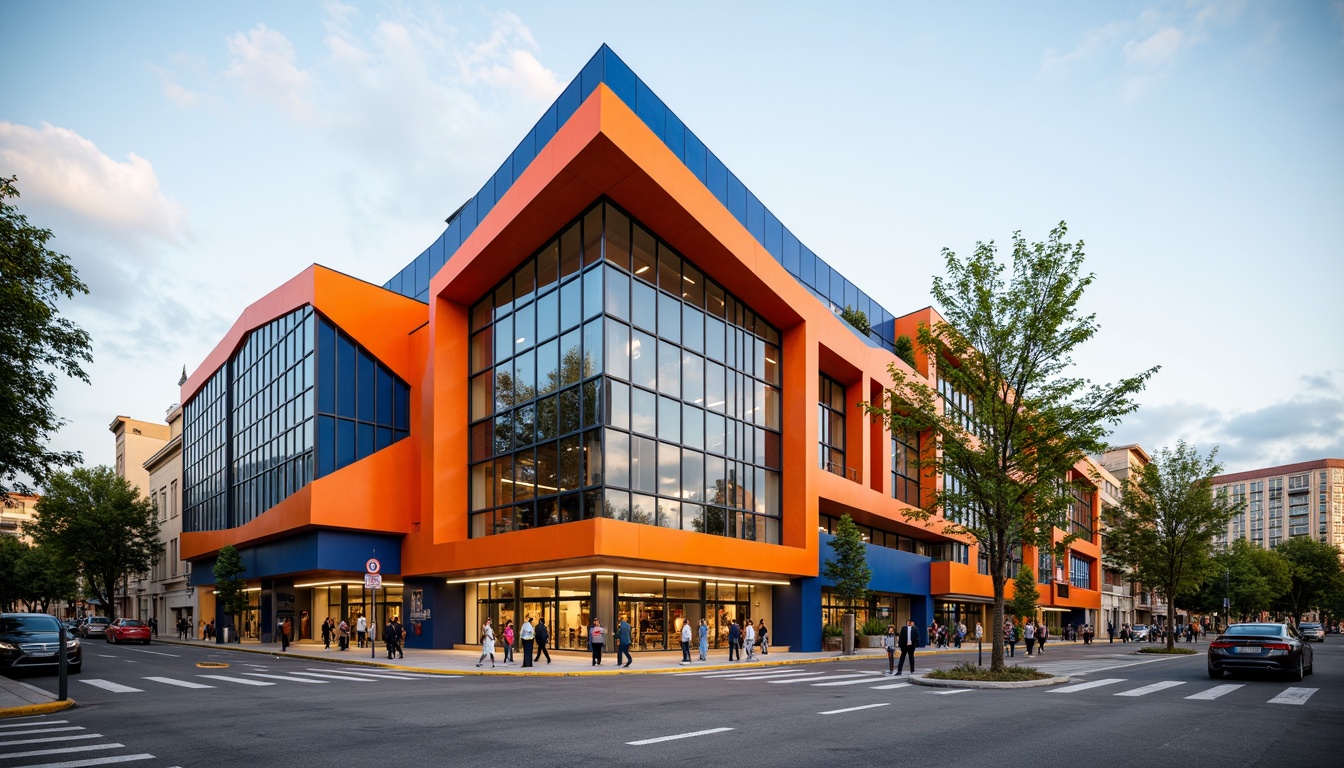 Prompt: Vibrant community center, expressionist architecture, bold geometric shapes, abstract patterns, bright color palette, undulating walls, irregular forms, dynamic angular lines, futuristic vibe, modern materials, glass fa\u00e7ade, metal cladding, wooden accents, natural textures, urban landscape, bustling streets, pedestrian plaza, lively atmosphere, dramatic lighting, high contrast, deep shadows, 1/2 composition, wide-angle lens, cinematic mood.