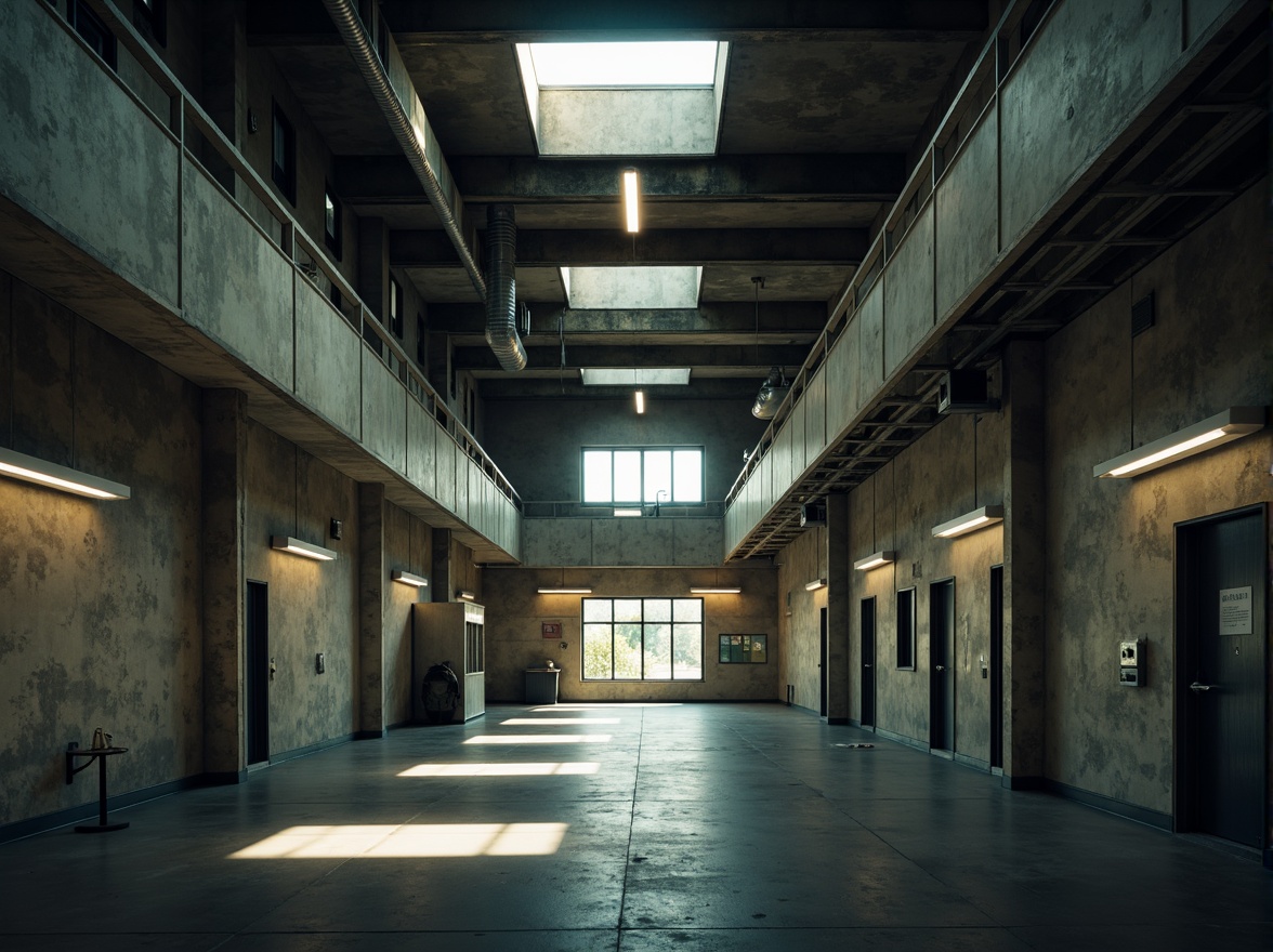 Prompt: Gritty high school building, brutalist architecture, raw concrete walls, industrial metal beams, minimalist interior design, functional lighting fixtures, overhead fluorescent lamps, exposed ductwork, natural light pouring in through clerestory windows, dramatic shadows, low-key ambient lighting, softbox lights, subtle color temperature shifts, realistic textures, cinematic atmosphere, 1/2 composition, shallow depth of field.