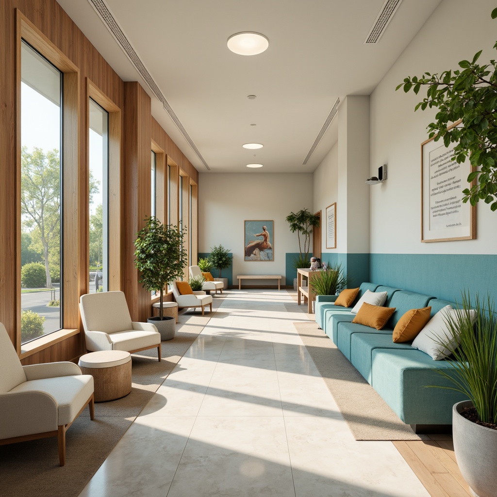 Prompt: Calming healthcare center, soft pastel colors, gentle beige walls, soothing blue accents, natural wood tones, comfortable waiting areas, quiet corridors, warm lighting, cozy nooks, vibrant greenery, peaceful aquariums, serene water features, minimalist decor, clean lines, ergonomic furniture, rounded edges, non-institutional feel, uplifting artwork, inspirational quotes, calming patterns, subtle textures, shallow depth of field, 3/4 composition, realistic renderings, ambient occlusion.