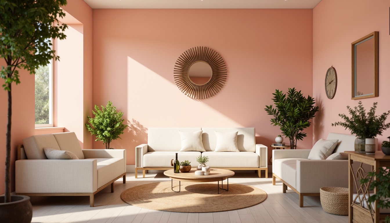 Prompt: Vibrant modern interior, pastel hues, soft peach walls, creamy white furniture, rich wood accents, metallic gold decor, lush greenery, natural light pouring in, warm cozy atmosphere, shallow depth of field, 1/1 composition, realistic textures, ambient occlusion.