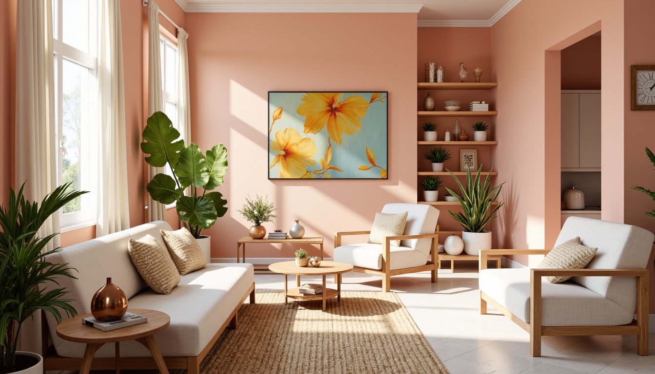 Prompt: Vibrant modern interior, pastel hues, soft peach walls, creamy white furniture, rich wood accents, metallic gold decor, lush greenery, natural light pouring in, warm cozy atmosphere, shallow depth of field, 1/1 composition, realistic textures, ambient occlusion.