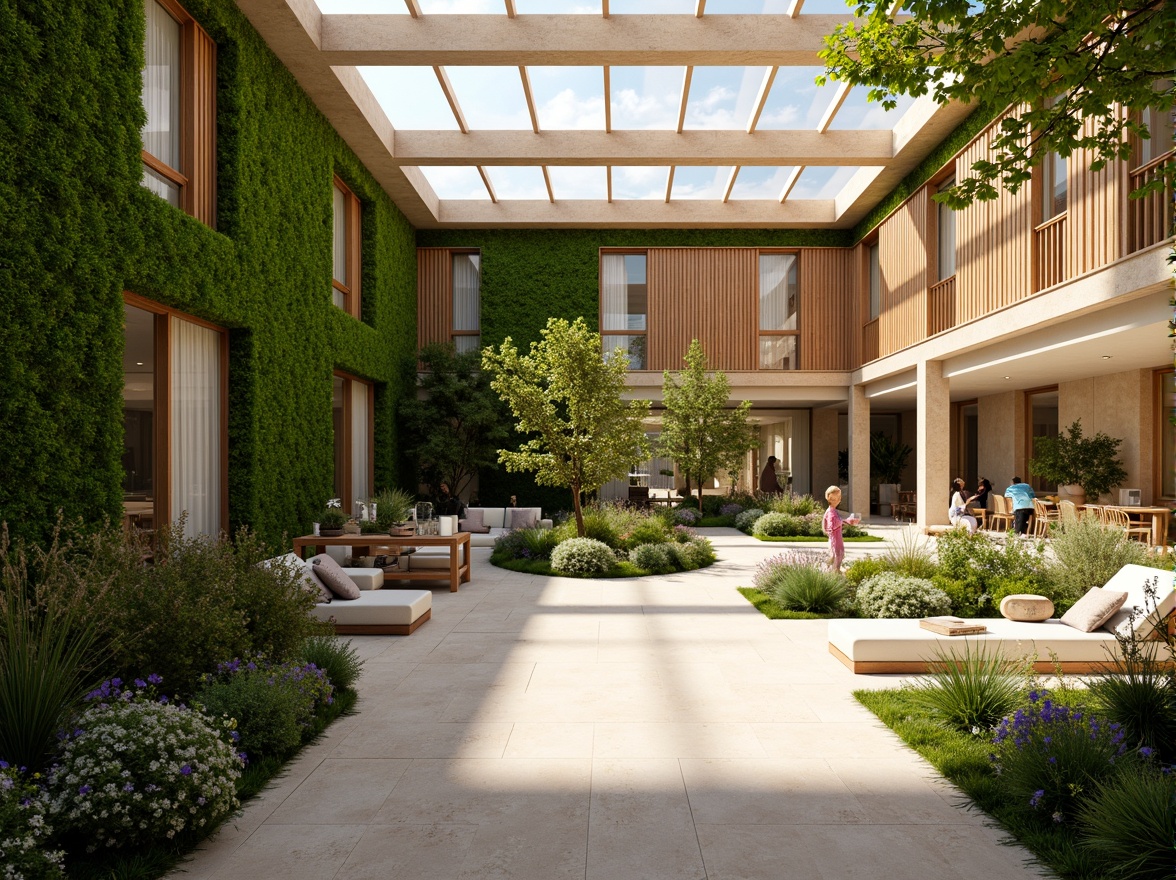 Prompt: Vibrant atrium, lush green walls, floor-to-ceiling windows, clerestory roofs, skylights, open floor plans, natural stone floors, wooden beams, minimalist decor, warm beige colors, abundant foliage, blooming flowers, sunny day, soft warm lighting, shallow depth of field, 3/4 composition, panoramic view, realistic textures, ambient occlusion.