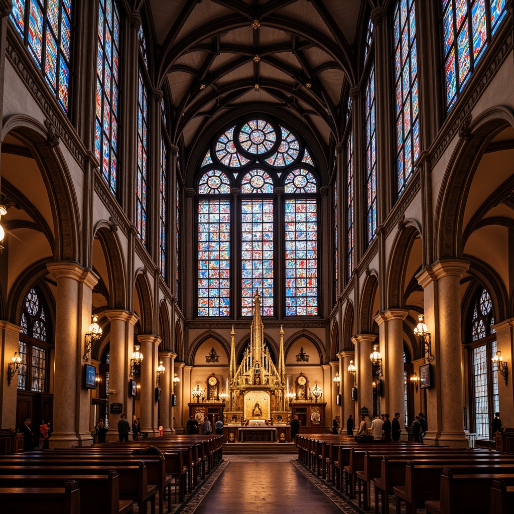 Prompt: Vibrant stained glass windows, intricate Gothic arches, richly colored glass panes, ornate metal frames, grand cathedral ceilings, dramatic lighting effects, kaleidoscopic patterns, subtle color gradations, textured glass surfaces, majestic interior spaces, spiritual ambiance, warm golden light, 1/2 composition, shallow depth of field, realistic reflections, ambient occlusion.