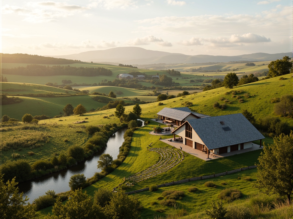 Prompt: Rustic farmhouses, rolling hills, vast open fields, verdant pastures, winding stone walls, meandering streams, wooden fences, traditional barns, modern eco-friendly architecture, solar panels, green roofs, wind turbines, organic gardens, orchards, vineyards, rural scenery, serene atmosphere, warm sunlight, shallow depth of field, 3/4 composition, panoramic view, realistic textures, ambient occlusion.