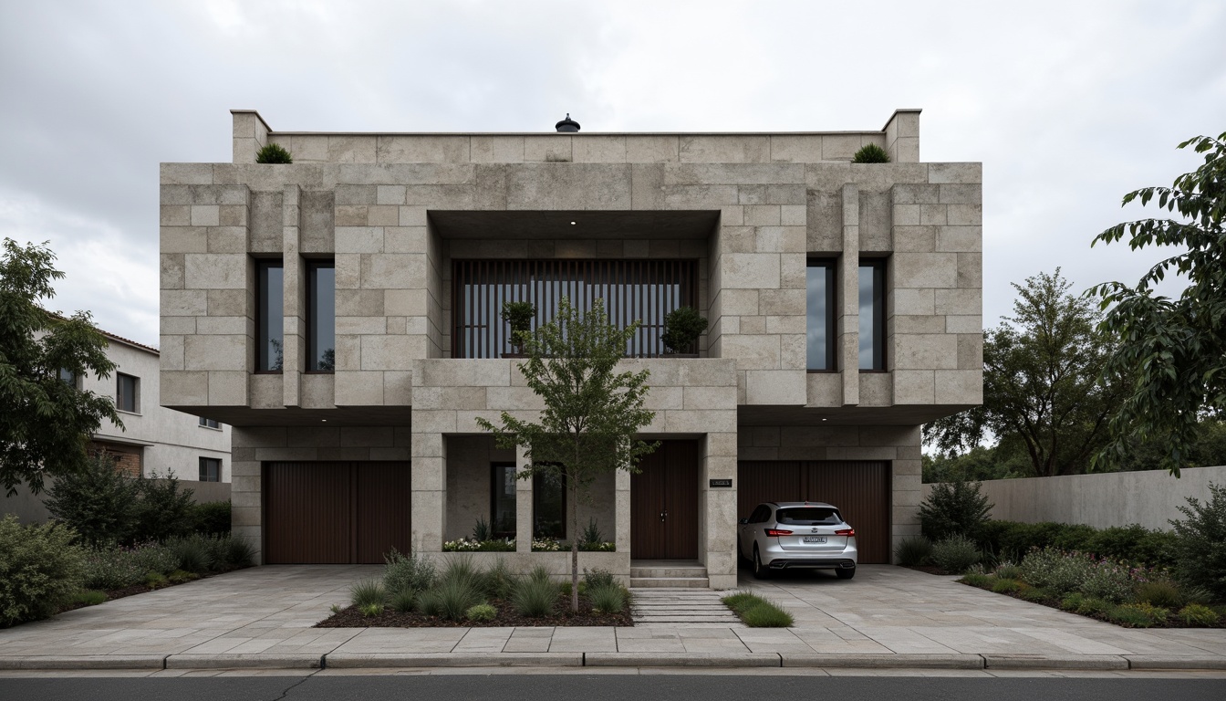 Prompt: Rugged brutalist house facade, raw concrete walls, fortress-like structure, angular lines, massive stone blocks, industrial metal doors, narrow windows, minimalist ornamentation, urban landscape, overcast skies, dramatic shadows, high contrast lighting, 1/1 composition, symmetrical framing, detailed textures, ambient occlusion.Let me know if this meets your requirements!