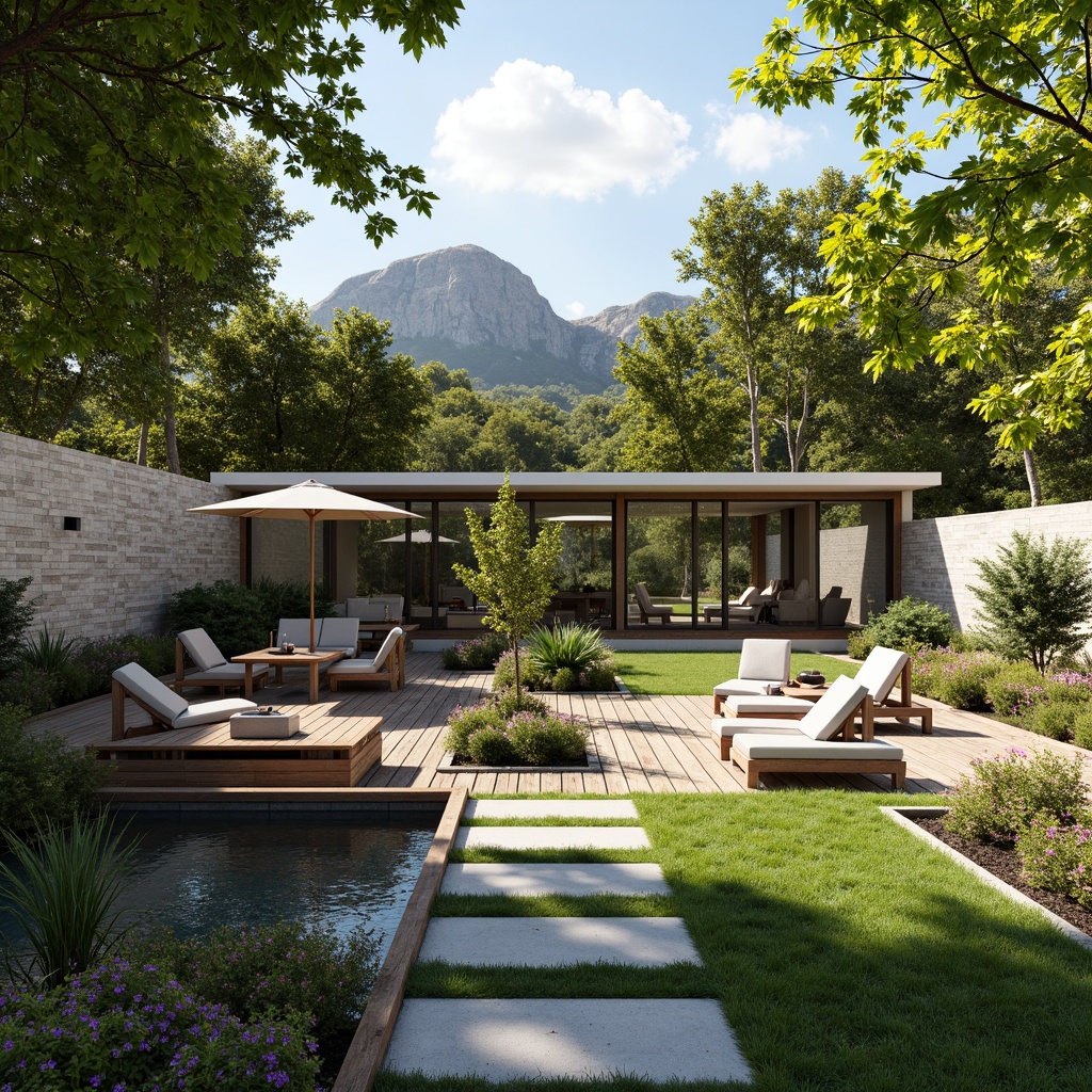 Prompt: Harmonious outdoor space, lush greenery, natural stone walls, wooden decks, outdoor furniture, vibrant flowers, serene water features, modern architecture, large windows, sliding glass doors, seamless indoor-outdoor transition, warm sunny day, soft natural lighting, shallow depth of field, 3/4 composition, panoramic view, realistic textures, ambient occlusion.