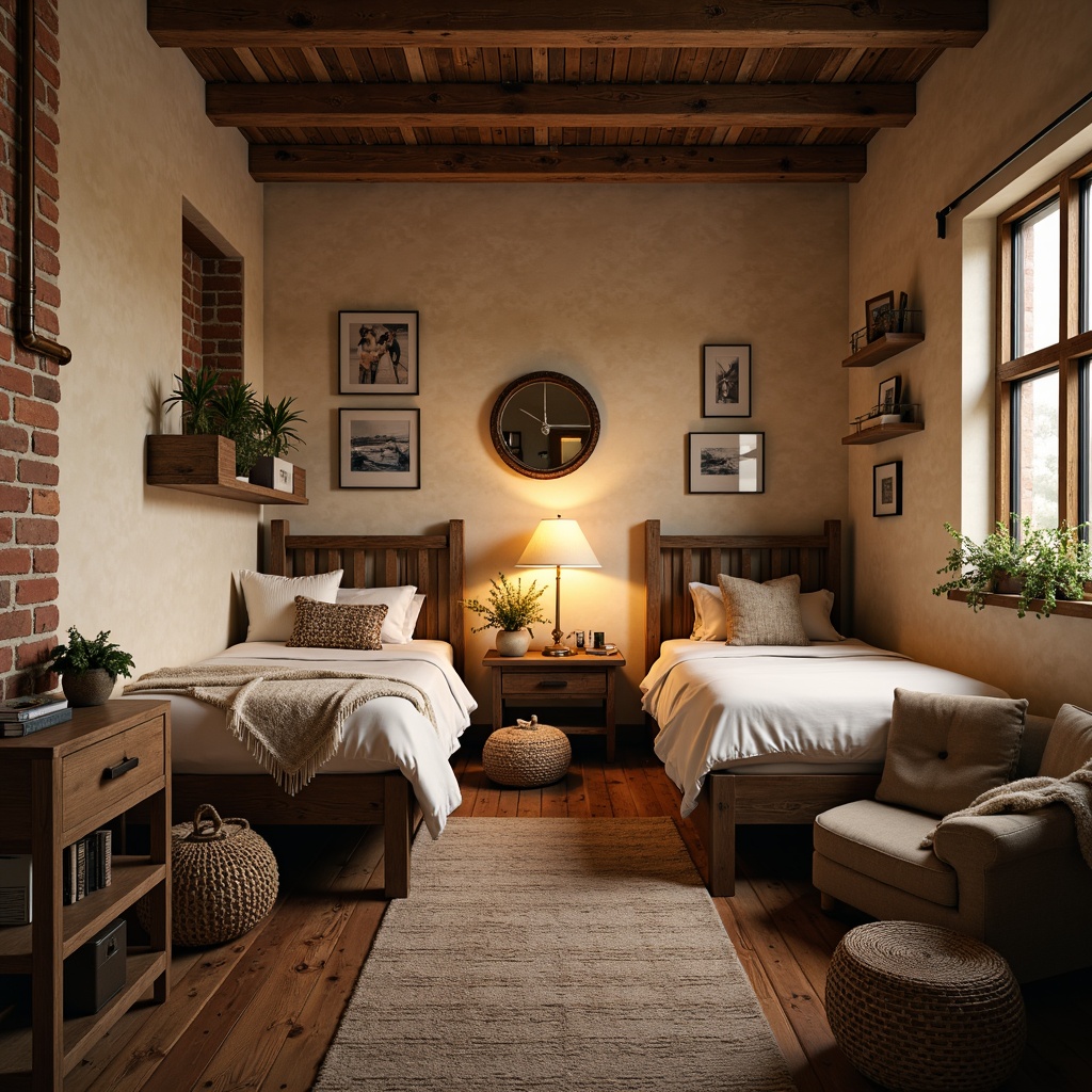 Prompt: Cozy dorm rooms, earthy tones, warm beige walls, rustic wooden furniture, soft cream bedding, natural textiles, woven baskets, vintage decorative items, distressed finishes, exposed brick accents, industrial metal fixtures, reclaimed wood ceilings, comfortable reading nooks, task lamps, warm ambient lighting, shallow depth of field, 1/1 composition, intimate atmosphere, realistic materials, subtle color grading.