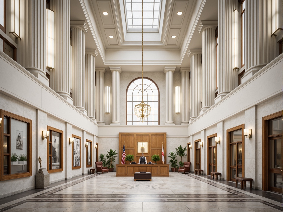 Prompt: Grand courthouse building, international style architecture, white marble columns, polished granite floors, bronze metal doors, large glass windows, high ceilings, open atrium, natural light, elegant chandeliers, intricate stone carvings, minimalist decor, formal courtroom settings, wooden judge benches, leather chairs, solemn atmosphere, soft warm lighting, 1/1 composition, symmetrical view, realistic textures, ambient occlusion.