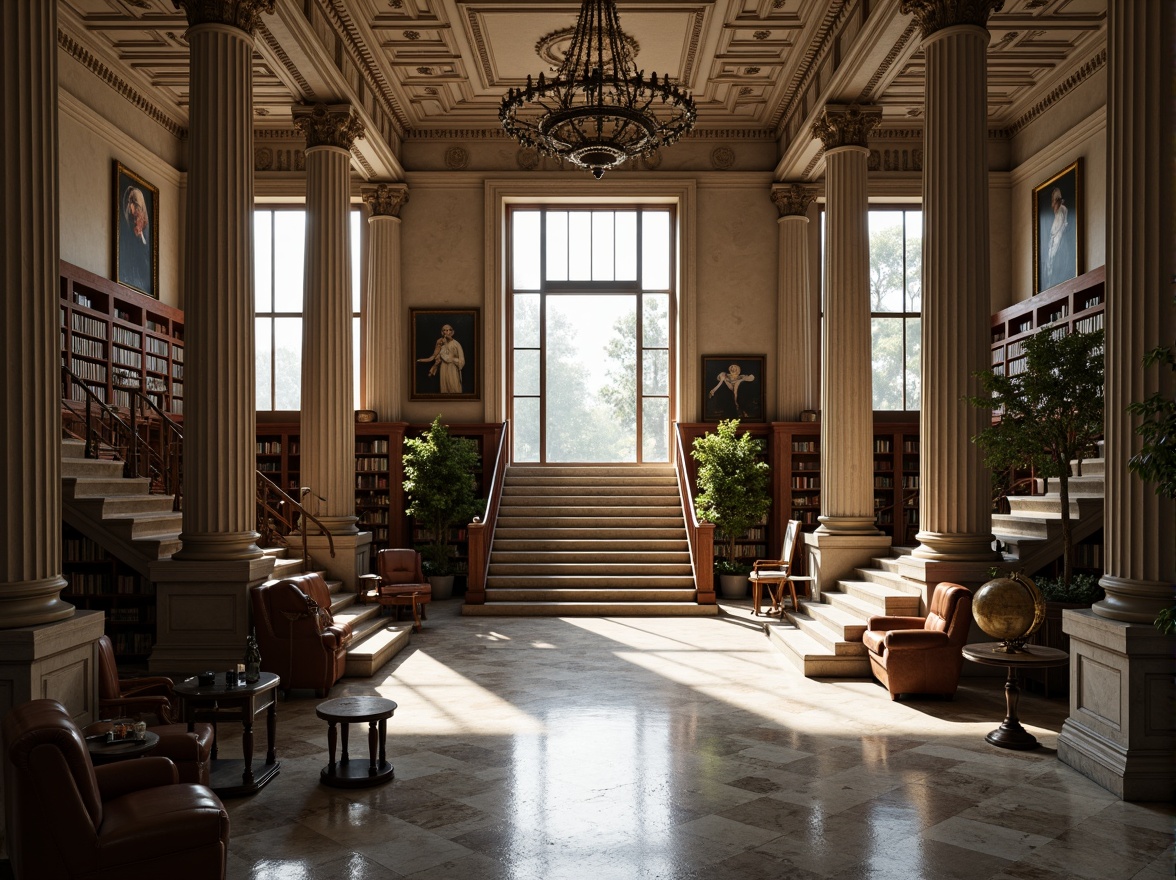 Prompt: Grand neoclassical library, ornate columns, intricately carved capitals, polished marble floors, stately staircases, high ceilings, large windows, natural light pouring in, comfortable reading nooks, wooden bookshelves, leather-bound tomes, vintage globes, elegant chandeliers, subtle warm lighting, shallow depth of field, 1/1 composition, symmetrical framing, realistic textures, ambient occlusion.