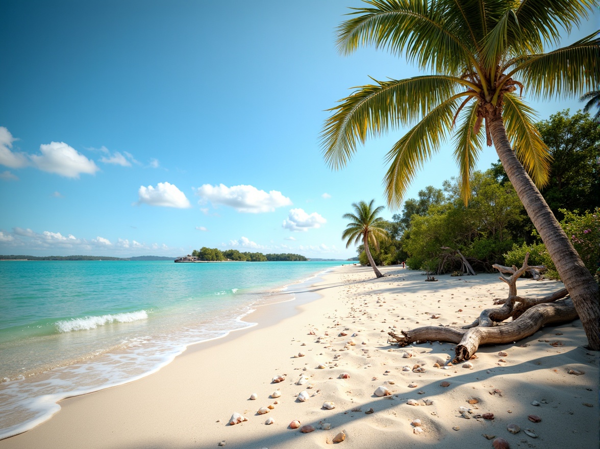 Prompt: Sandy beach shore, clear turquoise water, sunny blue sky, warm golden lighting, driftwood, sea shells, ocean breeze, tropical palm trees, vibrant coral reefs, soft pastel colors, calming atmosphere, natural textures, shallow depth of field, 1/2 composition, realistic renderings, ambient occlusion.