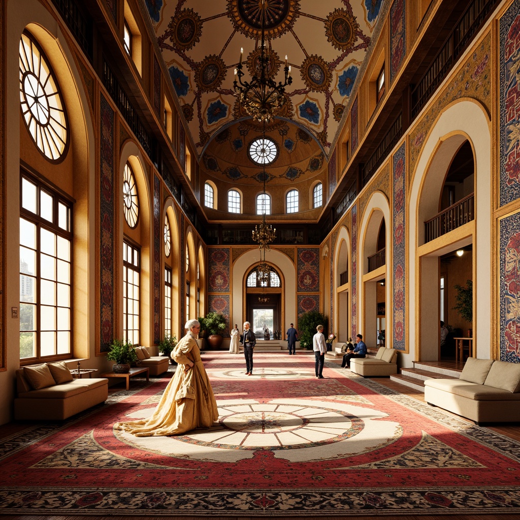 Prompt: Vibrant mosque-inspired architecture, intricate Islamic geometric patterns, ornate tile work, colorful Moorish arches, grandiose domes, symmetrical compositions, precise lines, sacred geometry, spiritual ambiance, warm golden lighting, soft shadows, high ceilings, luxurious textiles, opulent furnishings, lavish decorations, regal atmosphere, 3/4 composition, shallow depth of field, realistic textures, ambient occlusion.