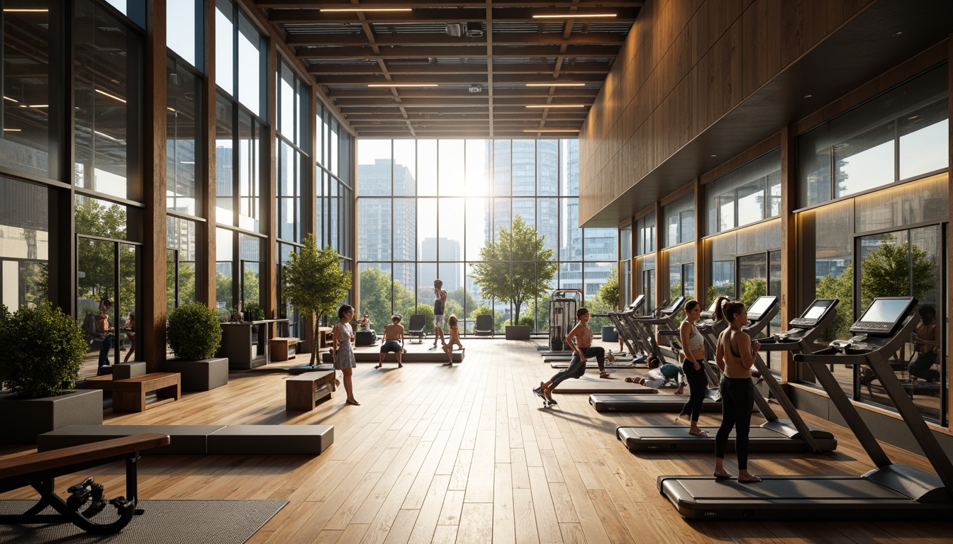 Prompt: Modern fitness club interior, high ceilings, natural light pouring in, floor-to-ceiling windows, mirrored walls, sleek wooden floors, state-of-the-art exercise equipment, free weights section, cardio area, yoga studio, spacious locker rooms, luxurious amenities, LED lighting, minimalist decor, urban chic atmosphere, 1/1 composition, shallow depth of field, soft warm lighting, realistic textures, ambient occlusion.