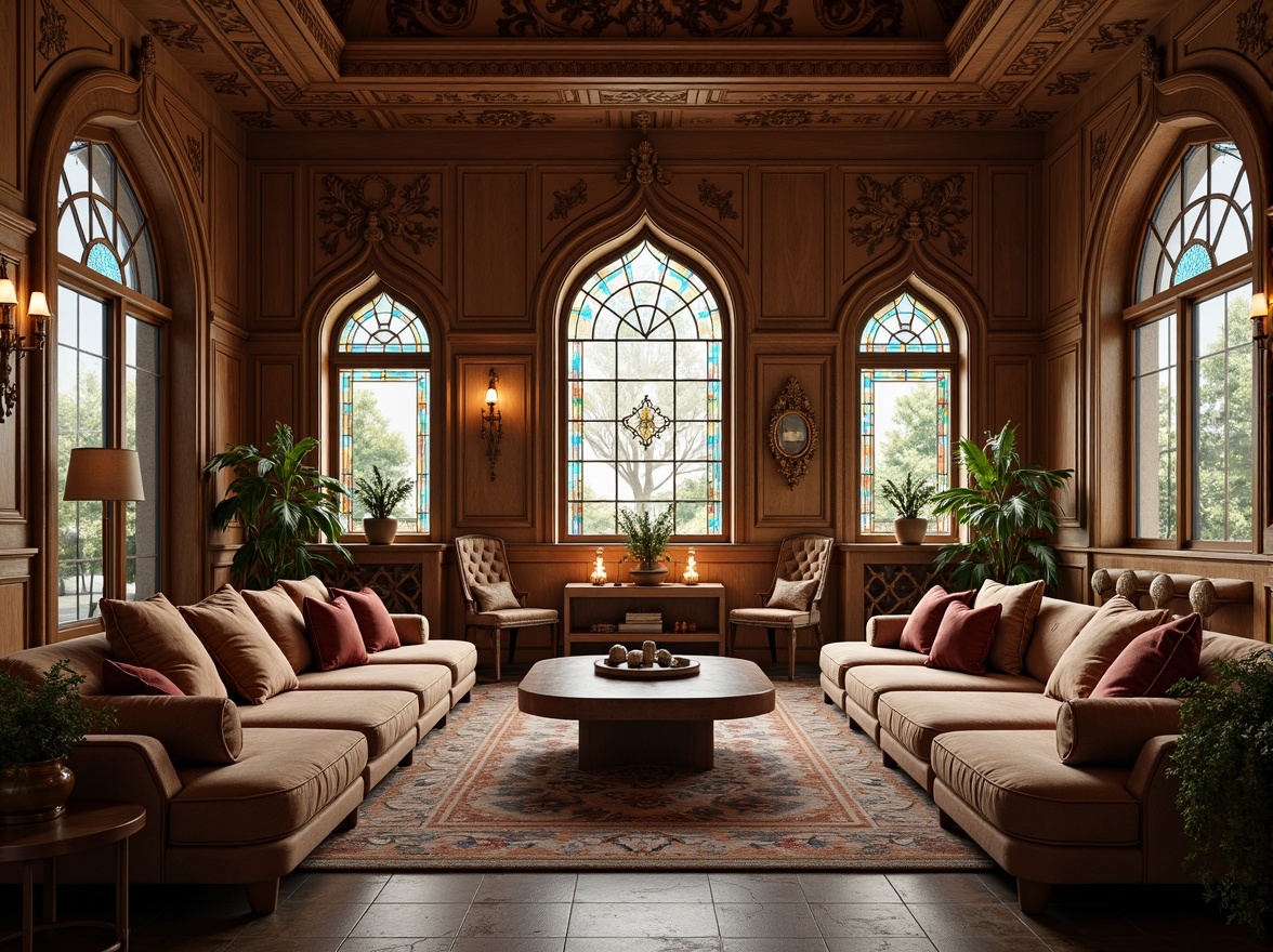 Prompt: Luxurious living room, sinuous lines, flowing curves, ornate furnishings, organic forms, stained glass windows, mosaic tile flooring, intricate wooden paneling, velvet upholstery, soft warm lighting, subtle color palette, natural materials, elegant proportions, symmetrical composition, 2-point perspective, shallow depth of field, realistic textures, ambient occlusion.