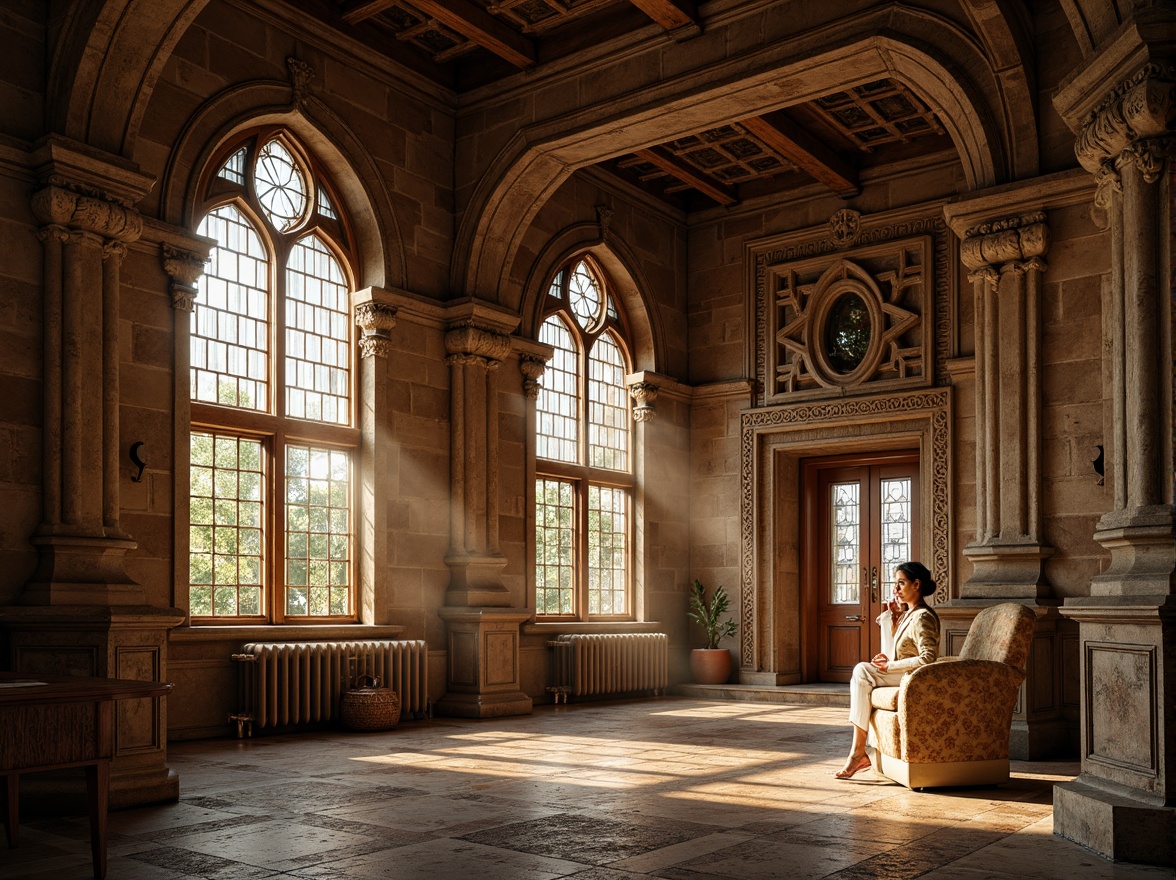 Prompt: Rustic stone walls, ornate carvings, grand arched windows, stained glass details, intricate column capitals, weathered brick facades, medieval-inspired architecture, warm golden lighting, soft misty atmosphere, shallow depth of field, 1/2 composition, symmetrical framing, rich textures, ambient occlusion.