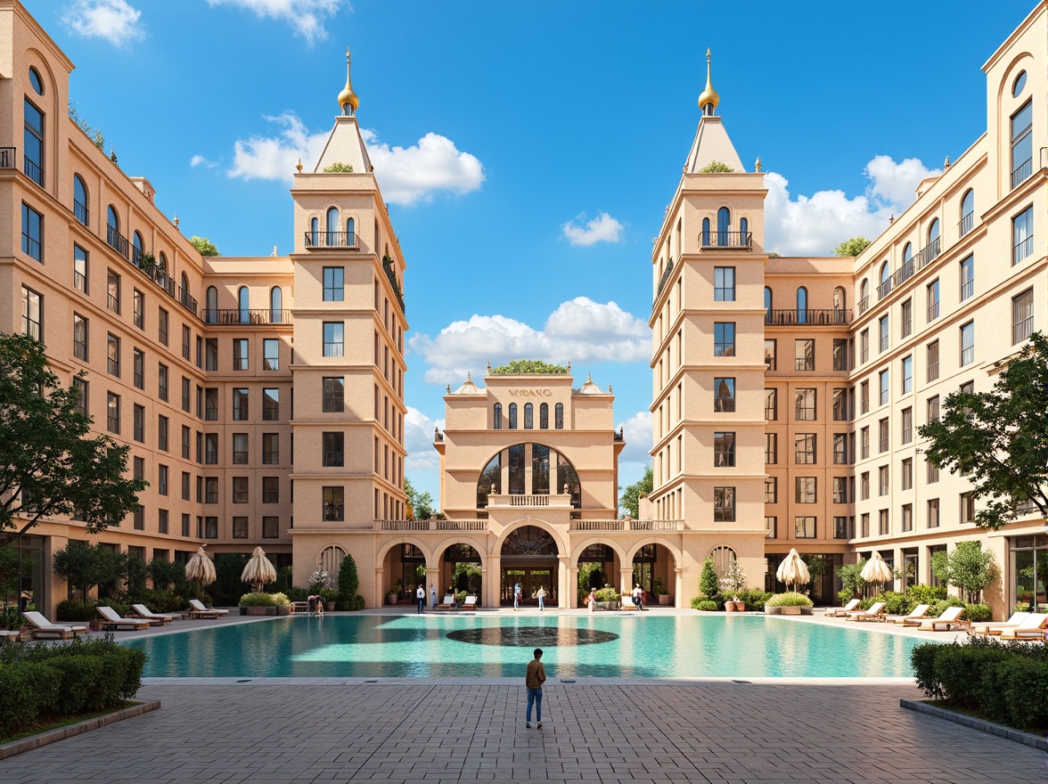 Prompt: Symmetrical facade, mirrored wings, central axis, identical towers, reflective pools, grand entrance, elegant archways, ornate details, classical columns, balanced composition, radial symmetry, diagonal lines, vibrant colors, intricate patterns, luxurious materials, modern minimalism, urban context, bright daylight, soft shadows, 1/1 composition, frontal view, realistic textures, ambient occlusion.