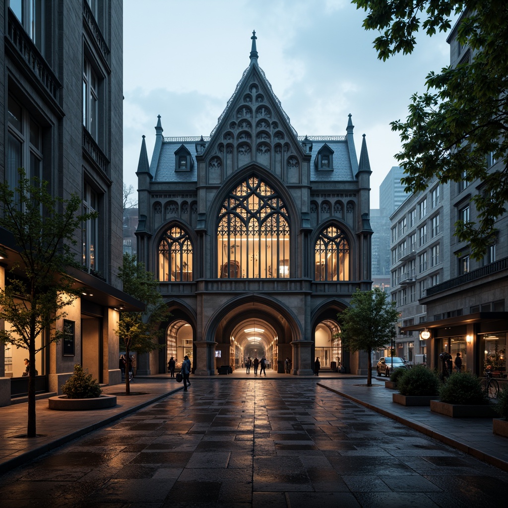 Prompt: Ornate gothic bus station, pointed arches, ribbed vaults, flying buttresses, stained glass windows, intricate stone carvings, grand entrance halls, high ceilings, dramatic lighting, mysterious ambiance, foggy misty atmosphere, rainy day, overcast sky, dim warm lighting, shallow depth of field, 1/2 composition, symmetrical view, realistic textures, ambient occlusion, modern twist on traditional gothic architecture, sleek metal accents, glass roofs, sustainable energy solutions, green walls, eco-friendly materials.