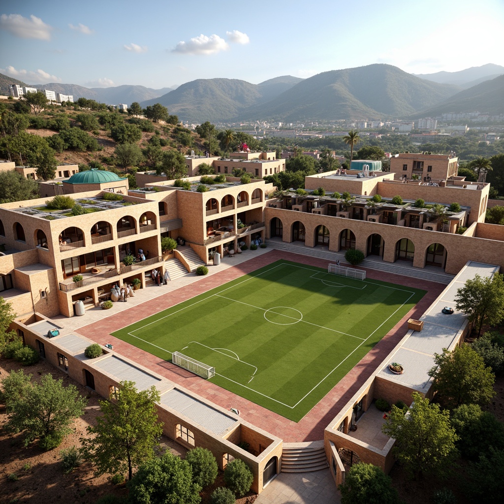 Prompt: Rustic soccer stadium, vernacular architecture, local materials, earthy tones, natural stone fa\u00e7ade, wooden accents, corrugated metal roofs, green roofs, solar panels, wind turbines, water conservation systems, eco-friendly materials, regional brick patterns, vibrant colorful textiles, intricate geometric motifs, Mediterranean-inspired arches, warm sunny day, soft warm lighting, shallow depth of field, 3/4 composition, panoramic view, realistic textures, ambient occlusion.