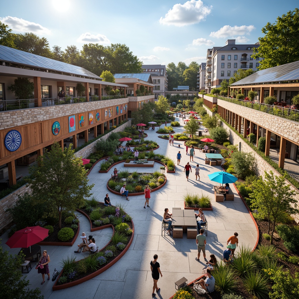 Prompt: Vibrant community center, eclectic mix of cultures, diverse population, inclusive atmosphere, natural stone walls, reclaimed wood accents, green roofs, solar panels, communal gardens, outdoor seating areas, colorful street art, lively festivals, bustling markets, dynamic lighting installations, shallow depth of field, 3/4 composition, panoramic view, realistic textures, ambient occlusion.