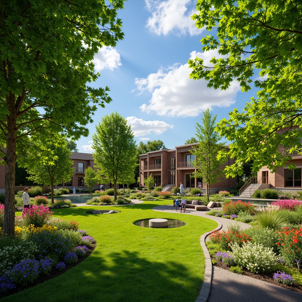 Prompt: Lush green lawn, vibrant flowerbeds, ornamental trees, meandering pathways, rustic stone walls, wooden fences, serene water features, tranquil ponds, colorful garden benches, natural rock formations, blooming shrubs, sunny day, soft warm lighting, shallow depth of field, 3/4 composition, panoramic view, realistic textures, ambient occlusion.