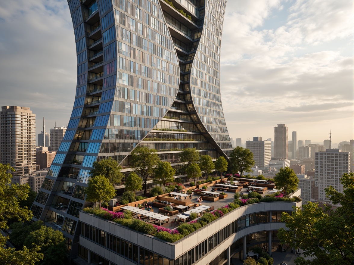 Prompt: Curved skyscraper, undulating blob-like structure, reflective glass fa\u00e7ade, iridescent colors, futuristic architecture, sleek metallic accents, verdant rooftop garden, lush greenery, vibrant flowers, misting systems, shaded outdoor spaces, sustainable energy solutions, solar panels, wind turbines, water conservation systems, green roofs, eco-friendly materials, innovative cooling technologies, panoramic cityscape view, dramatic cloudy sky, warm golden lighting, shallow depth of field, 3/4 composition, realistic textures, ambient occlusion.Let me know if this meets your requirements!