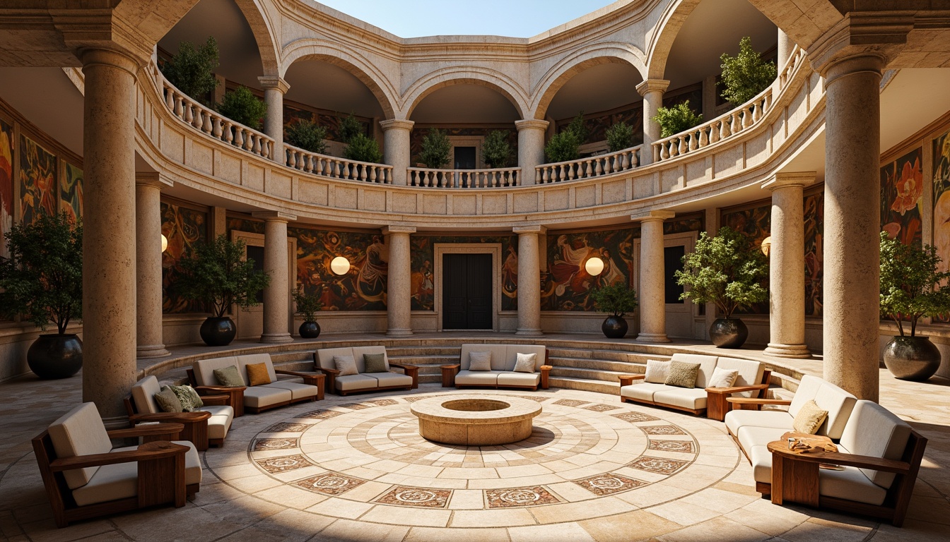 Prompt: Ancient Roman-inspired amphitheater, grandiose stone architecture, ornate carvings, majestic arches, vibrant frescoes, comfortable seating areas, curved rows of seats, plush cushions, wooden armrests, intricate mosaics, natural stone flooring, warm golden lighting, soft shadows, 1/2 composition, symmetrical framing, realistic textures, ambient occlusion.