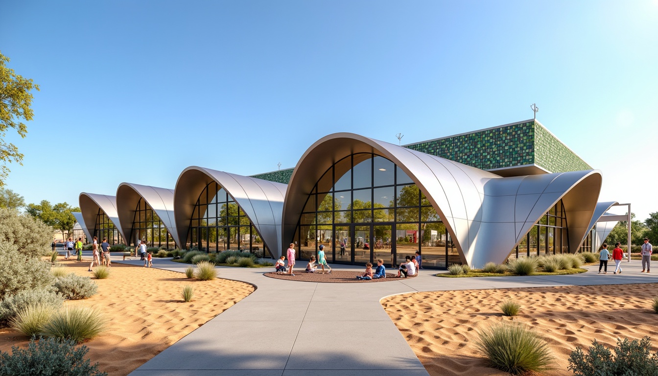 Prompt: Futuristic elementary school building, curved metallic fa\u00e7ade, gleaming glass walls, angular rooftops, sustainable energy harvesting systems, solar panels, wind turbines, green roofs, eco-friendly materials, vibrant colorful accents, geometric patterns, desert landscape, sandy dunes, cactus plants, hot sunny day, clear blue sky, vast open space, seamless indoor-outdoor transitions, flexible learning spaces, collaborative workstations, interactive digital displays, soft warm lighting, shallow depth of field, 3/4 composition, panoramic view, realistic textures, ambient occlusion.