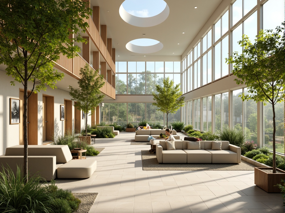 Prompt: Serene hospital interior, abundant natural light, floor-to-ceiling windows, green walls, living plants, wooden accents, calming color palette, minimalist decor, spacious waiting areas, comfortable seating, soothing artwork, gentle curves, open atriums, clerestory windows, skylights, warm beige tones, soft diffused lighting, 1/1 composition, shallow depth of field, realistic textures, ambient occlusion.