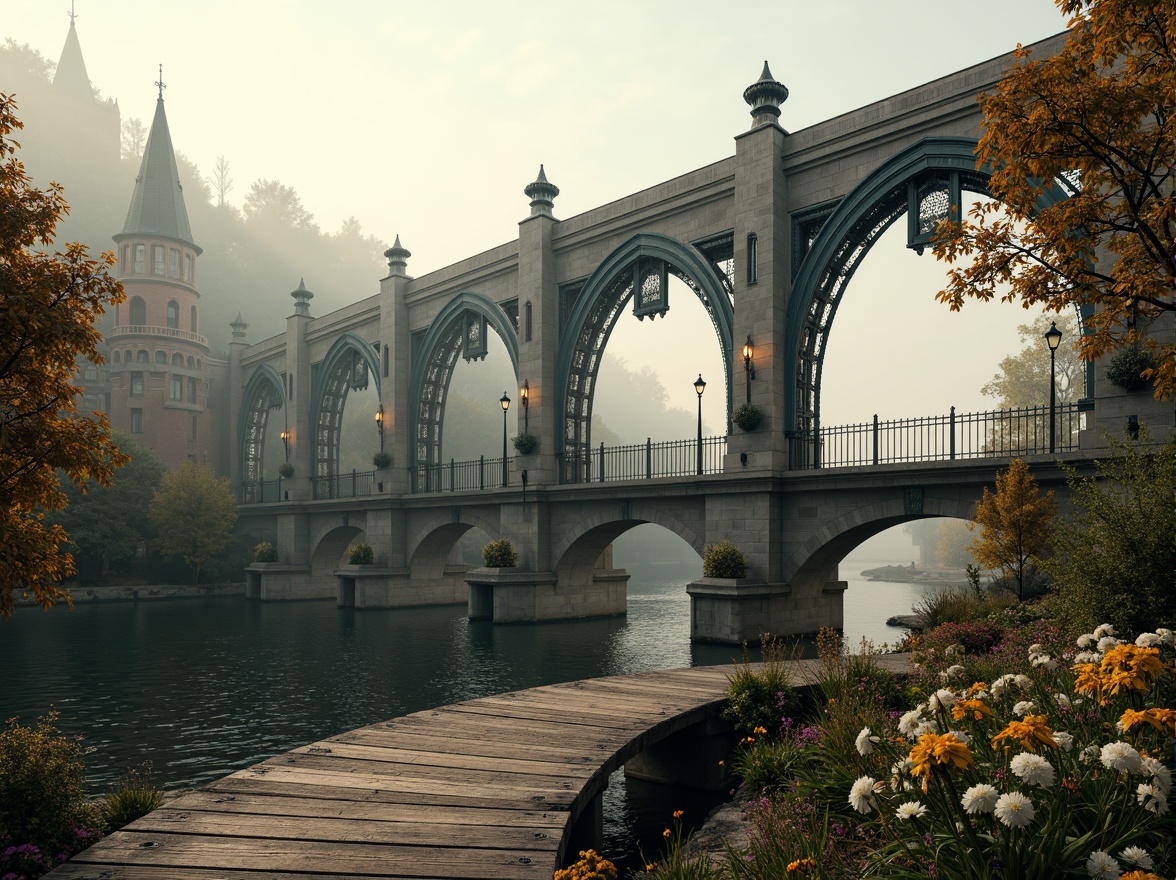 Prompt: Majestic bridge, ornate ironwork, curved arches, rustic stone piers, weathered wooden planks, misty morning fog, serene river waters, lush greenery, vibrant flowers, soft warm lighting, shallow depth of field, 3/4 composition, panoramic view, realistic textures, ambient occlusion, intricate stonework, Gothic-inspired spires, grand entranceways, ornamental lamp posts, delicate filigree details, richly toned wood accents, subtle color palette, whimsical atmosphere.