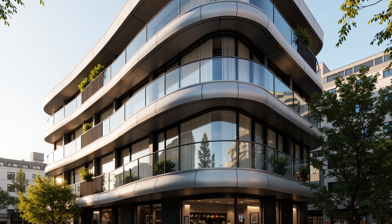 Prompt: Curved building facade, Art Deco inspirations, metallic materials, chrome accents, horizontal lines, rounded corners, minimalist ornamentation, large windows, sliding glass doors, balconies with metal railings, urban cityscape, morning sunlight, soft warm lighting, shallow depth of field, 3/4 composition, panoramic view, realistic textures, ambient occlusion.