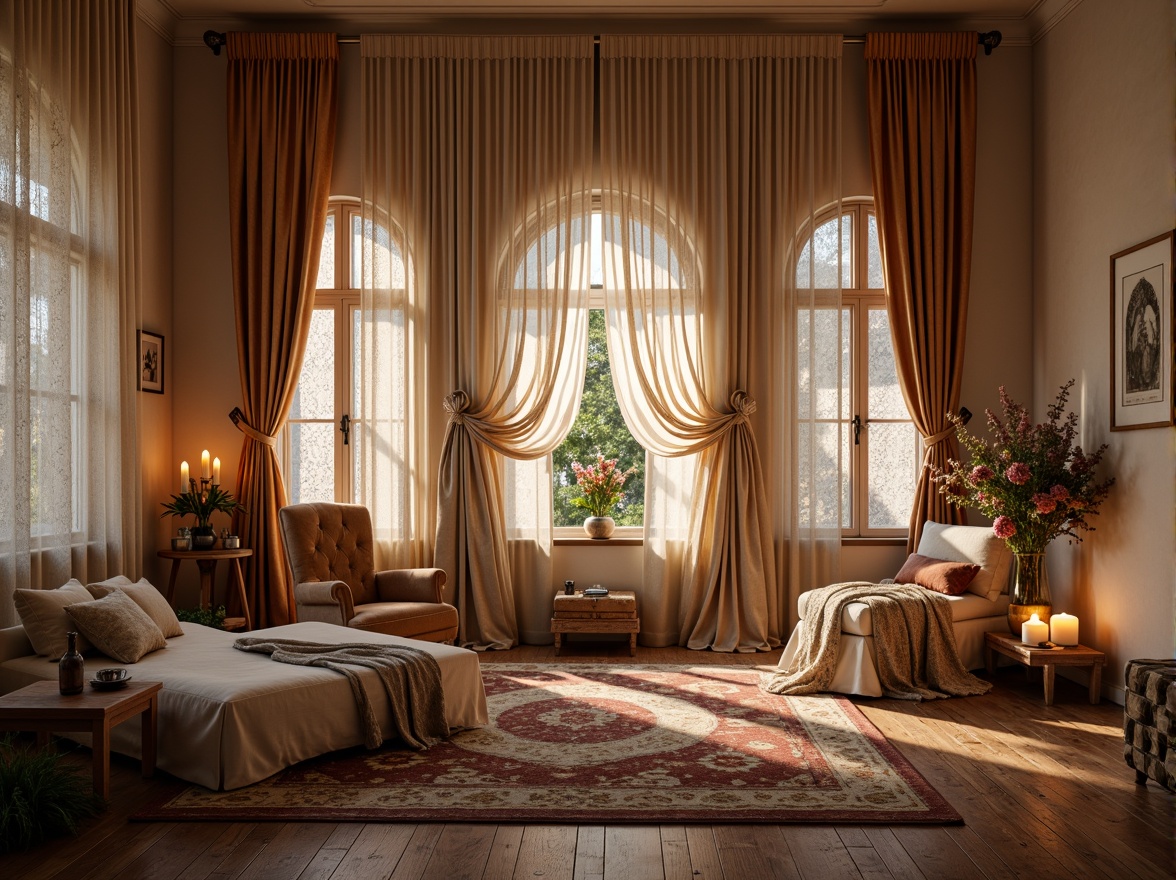 Prompt: Whimsical boudoir, soft velvety drapes, flowing silk curtains, delicate lace trimmings, ornate wooden shutters, distressed finishes, vintage hardware, romantic candlelight, warm golden hues, plush area rugs, luxurious fabrics, billowy sheers, subtle patterns, elegant folds, dramatic swags, opulent tassels, lavish trims, intimate ambiance, cozy nooks, relaxing atmosphere, soft focus, warm color palette, 1/2 composition, shallow depth of field.