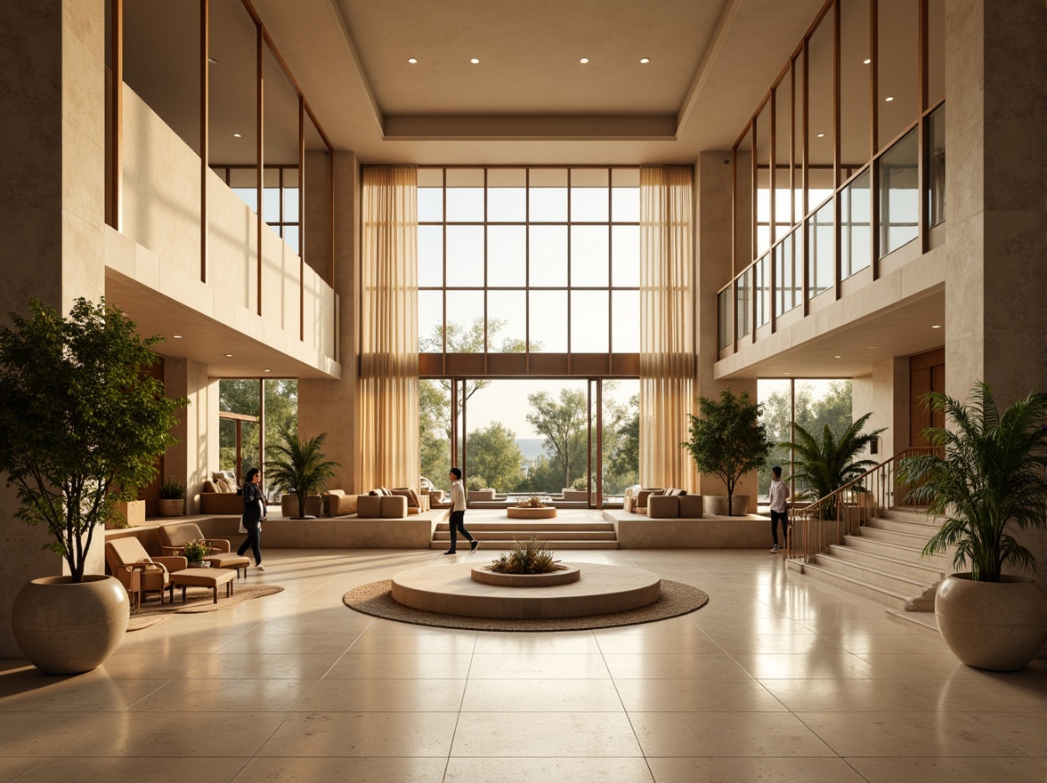 Prompt: Spacious hotel lobby, high ceilings, large windows, floor-to-ceiling glass walls, sliding glass doors, minimalist decor, creamy marble floors, warm beige walls, plush greenery, natural textiles, subtle wood accents, grand staircase, open atrium, soft diffused lighting, warm golden hour, shallow depth of field, 1/2 composition, panoramic view, realistic reflections, ambient occlusion.