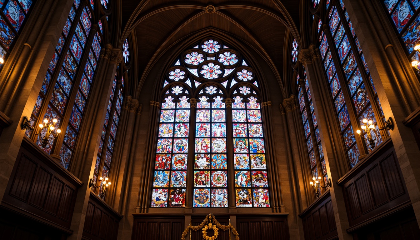 Prompt: Vibrant stained glass windows, intricate glass patterns, kaleidoscope colors, Gothic Revival architecture, grand cathedrals, ornate decorations, mystical ambiance, soft warm lighting, shallow depth of field, 1/1 composition, symmetrical framing, rich textures, ambient occlusion.