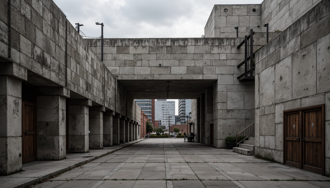 Prompt: Rough-hewn concrete walls, rugged stone facades, brutalist fortress-like structures, industrial metal beams, exposed ductwork, raw unfinished surfaces, distressed wood accents, weathered steel panels, urban cityscape backdrop, overcast skies, dramatic shadows, high-contrast lighting, abstract geometric patterns, bold monochromatic color scheme, 1/1 composition, low-angle shot, gritty realistic textures, ambient occlusion.