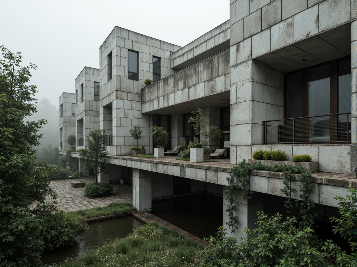 Prompt: Rugged brutalist building, exposed concrete walls, raw industrial materials, angular lines, monumental scale, urban landscape integration, green roofs, integrated planters, native flora, natural stone paving, weathered steel beams, cantilevered structures, dramatic shadows, high-contrast lighting, abstract composition, moody atmosphere, overcast sky, misty fog, mysterious ambiance.