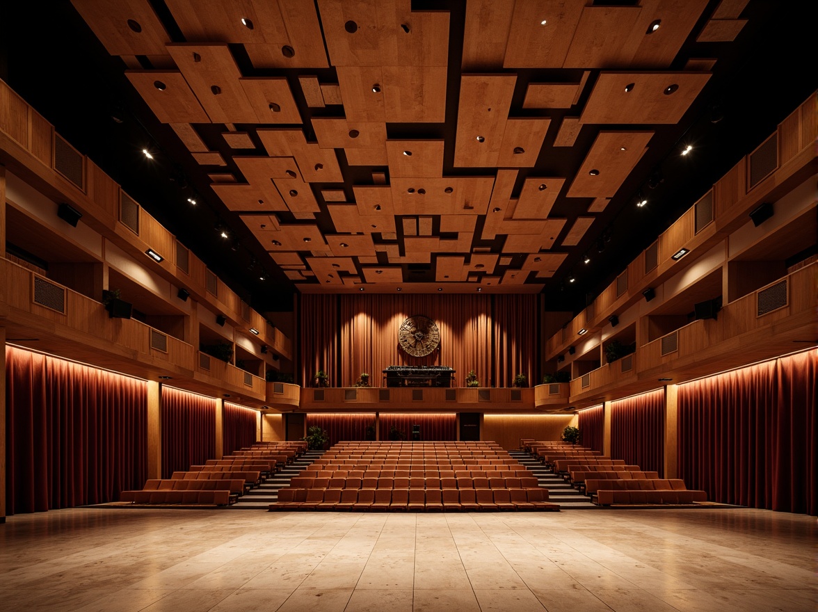 Prompt: Luxurious concert hall, wooden soundboards, suspended ceiling arrays, acoustic panels, premium loudspeakers, plush theater seating, rich velvet curtains, polished marble floors, intimate stage lighting, warm ambient glow, subtle color scheme, 1/2 composition, cinematic perspective, realistic textures, soft focus blur, atmospheric fog effect.