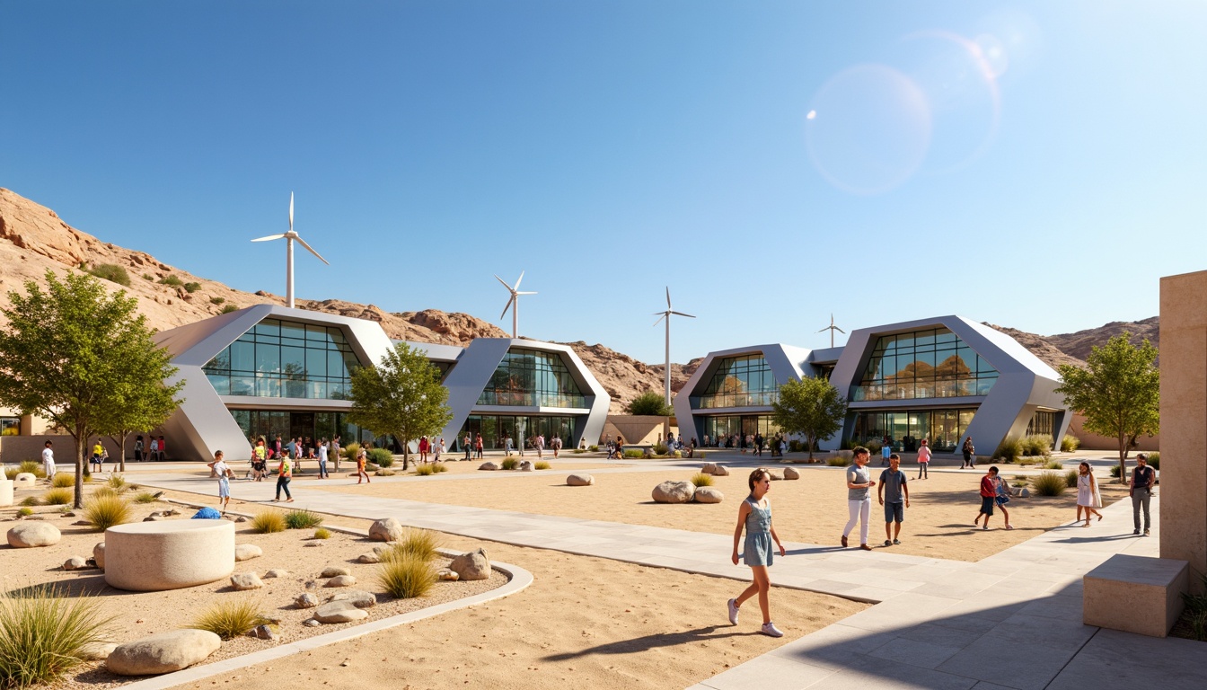 Prompt: Futuristic elementary school, curved metallic buildings, transparent glass walls, cantilevered roofs, wind turbines, solar panels, green roofs, eco-friendly materials, minimalist design, angular lines, vibrant colorful accents, Arabic-inspired patterns, shaded outdoor spaces, misting systems, desert landscape integration, sandy dunes, cactus plants, hot sunny day, clear blue sky, vast open space, panoramic views, shallow depth of field, 3/4 composition, realistic textures, ambient occlusion.