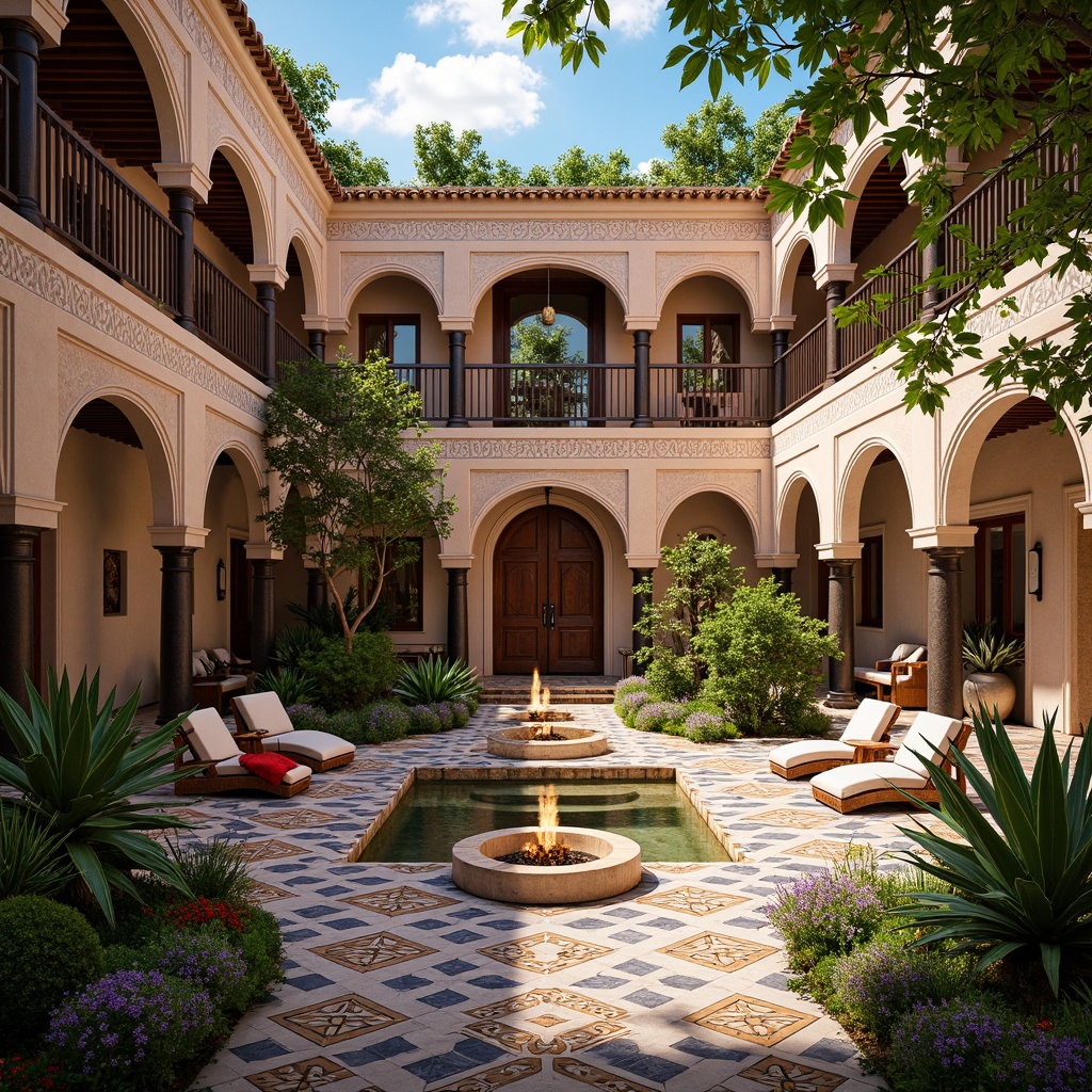 Prompt: Vibrant Moroccan-inspired riad, intricately patterned tiles, ornate archways, lush green courtyard, colorful textiles, geometric motifs, Islamic architecture, symmetrical compositions, bold color contrasts, intricate mosaics, Moorish influences, luxurious fabrics, warm ambient lighting, shallow depth of field, 1/1 composition, realistic textures, subtle reflections.