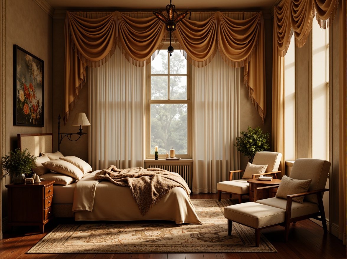 Prompt: Whimsical boudoir, soft velvety drapes, flowing silk curtains, delicate lace trimmings, ornate wooden shutters, distressed finishes, vintage hardware, romantic candlelight, warm golden hues, plush area rugs, luxurious fabrics, billowy sheers, subtle patterns, elegant folds, dramatic swags, opulent tassels, lavish trims, intimate ambiance, cozy nooks, relaxing atmosphere, soft focus, warm color palette, 1/2 composition, shallow depth of field.