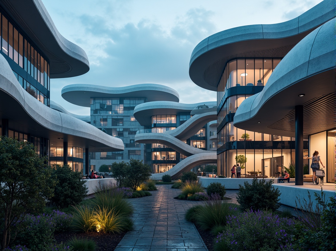 Prompt: Undulating roofs, flowing curves, organic shapes, futuristic architecture, sleek metal frames, glass facades, cantilevered structures, winding staircases, spiral motifs, dynamic lines, vibrant colors, ambient lighting, shallow depth of field, 3/4 composition, panoramic view, realistic textures, soft focus effect, misty atmosphere.