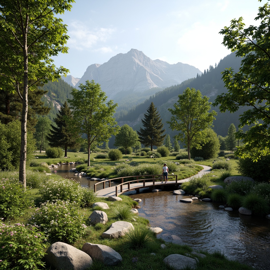 Prompt: Serene mountainous backdrop, lush green forests, meandering streams, rustic wooden bridges, natural stone pathways, rolling hills, vibrant wildflowers, sunny day, soft warm lighting, shallow depth of field, 3/4 composition, panoramic view, realistic textures, ambient occlusion, harmonious integration, eco-friendly design, sustainable materials, organic forms, curved lines, minimalist approach, seamless transitions, natural color palette, earthy tones.