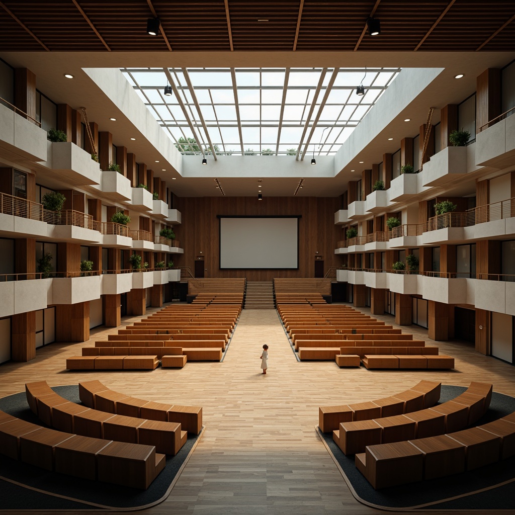 Prompt: Spacious auditorium, high ceilings, large windows, clerestory windows, skylights, transparent roofs, minimalist interior design, sleek lines, modern architecture, polished wooden floors, acoustic panels, tiered seating, curved rows, central stage, spotlighting, soft warm lighting, natural daylight, ambient shadows, 1/2 composition, shallow depth of field, realistic textures, subtle color palette.