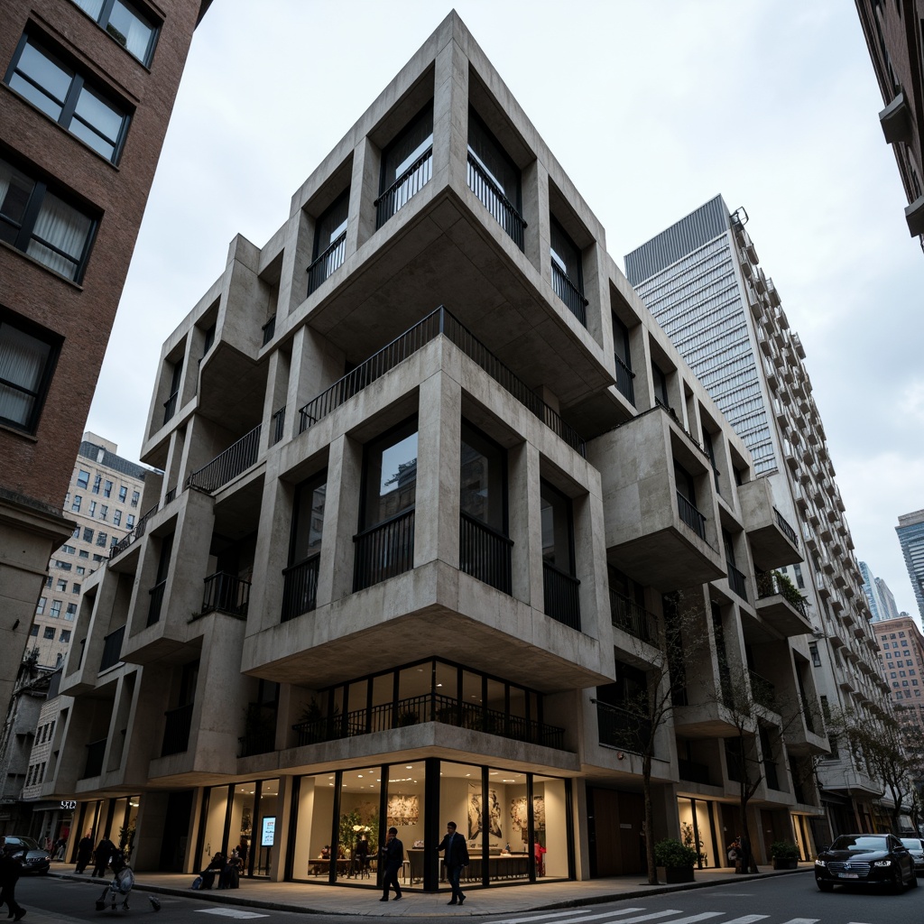 Prompt: Rustic brutalist building, exposed concrete facade, rugged stone walls, metallic beams, industrial pipes, urban cityscape, overcast sky, dramatic shadows, high-contrast lighting, abstract geometric patterns, fragmented forms, deconstructivist architecture, brutalist aesthetics, raw unfinished textures, monochromatic color scheme, bold structural elements, cantilevered volumes, dynamic diagonal lines, 1/2 composition, low-angle shot, cinematic atmosphere.