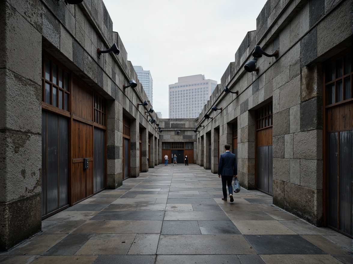 Prompt: Rough-hewn concrete walls, rugged stone facades, brutalist fortress-like structures, industrial metal beams, exposed ductwork, raw unfinished surfaces, distressed wood accents, weathered steel panels, urban cityscape backdrop, overcast skies, dramatic shadows, high-contrast lighting, abstract geometric patterns, bold monochromatic color scheme, 1/1 composition, low-angle shot, gritty realistic textures, ambient occlusion.