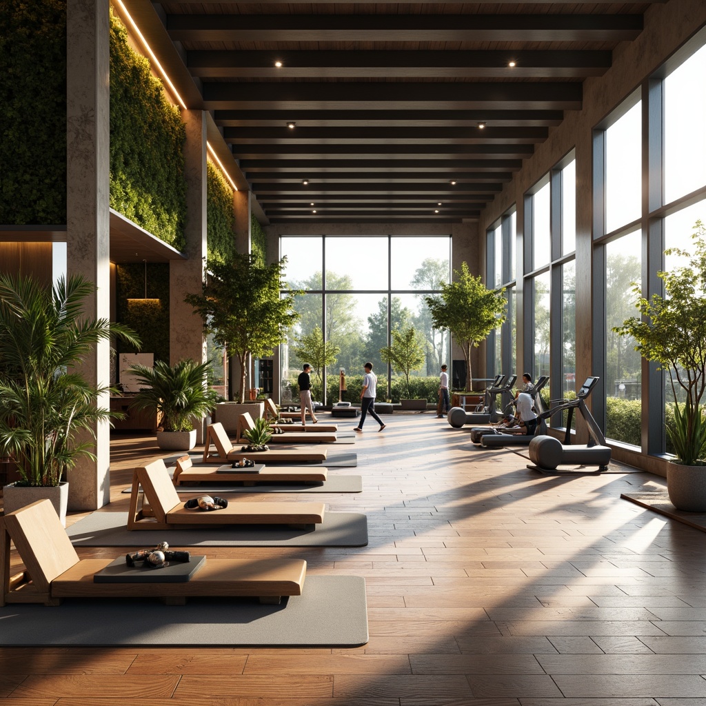 Prompt: Modern fitness club, spacious interior, high ceilings, large windows, natural light pouring in, minimal artificial lighting, sleek metal frames, wooden floors, mirrored walls, state-of-the-art exercise equipment, free weights, cardio machines, yoga mats, calm color scheme, earthy tones, greenery integration, living walls, tropical plants, natural stone accents, minimalist decor, ambient lighting, shallow depth of field, 3/4 composition, panoramic view, realistic textures, soft warm atmosphere.