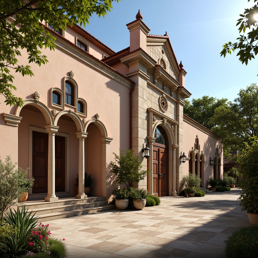 Prompt: Rustic school building, Romanesque style architecture, weathered stone walls, ornate carvings, grand archways, sturdy columns, red terra cotta roofs, earthy tones, natural textures, warm beige stucco, distressed wooden doors, vintage metal lanterns, lush greenery, blooming flowers, sunny day, soft warm lighting, shallow depth of field, 3/4 composition, panoramic view, realistic textures, ambient occlusion.