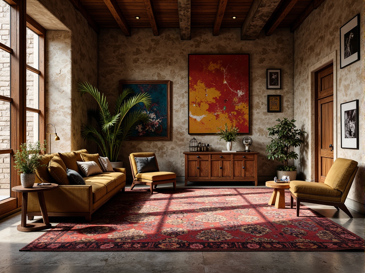 Prompt: Richly textured stone walls, intricately patterned rugs, luxurious velvet fabrics, smooth metallic surfaces, glossy wooden accents, vibrant colorful ceramics, ornate plaster moldings, distressed wood finishes, eclectic mix of materials, soft warm lighting, dramatic shadows, high contrast ratios, abstract composition, 1/1 aspect ratio, realistic rendering, ambient occlusion.