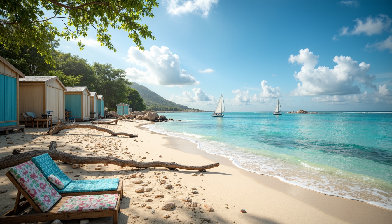 Prompt: Warm sandy shores, crystal-clear turquoise waters, driftwood, beach towels, seashells, ocean breeze, sunny afternoon, soft warm lighting, shallow depth of field, 1/2 composition, realistic textures, ambient occlusion, pastel-colored beach huts, distressed wood, nautical ropes, sailboats, seagulls, coral reefs, tropical fish, gentle waves, serene atmosphere.