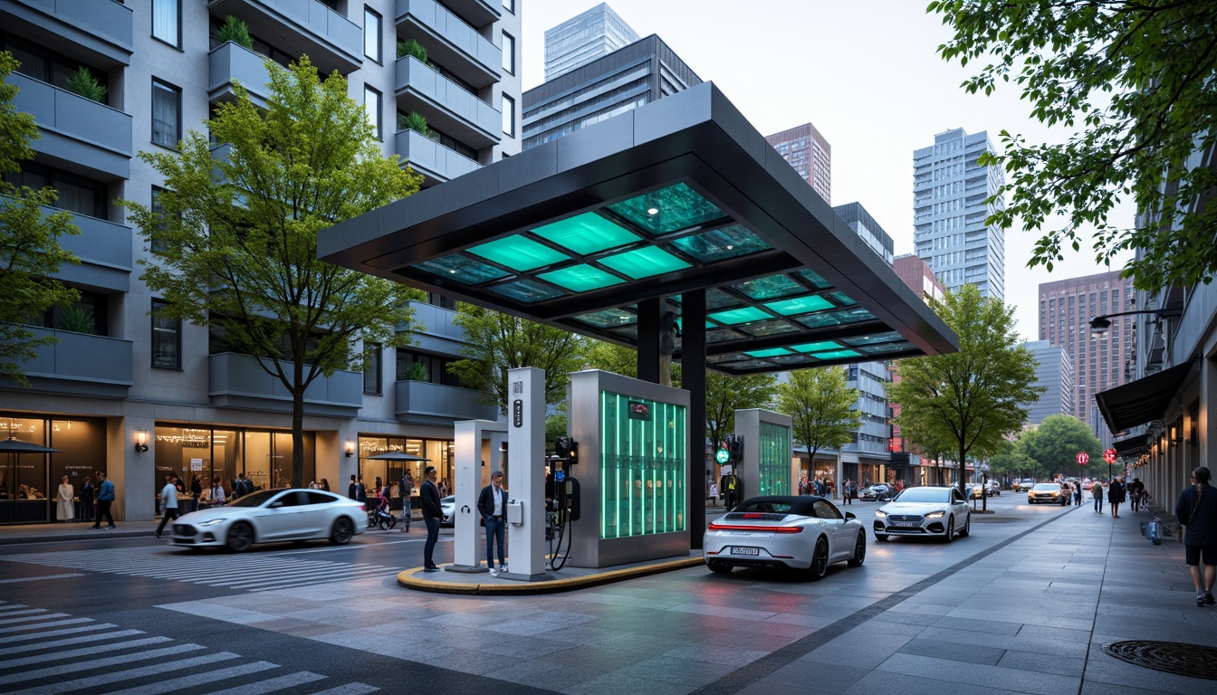 Prompt: Futuristic charging station, sleek metal canopy, solar panels, green roofs, eco-friendly materials, minimalist design, angular lines, modernist architecture, vibrant neon lights, urban cityscape, busy streets, electric vehicles, futuristic cars, autonomous driving, innovative technology, clean energy solutions, sustainable infrastructure, natural stone flooring, glass walls, open spaces, shallow depth of field, 3/4 composition, panoramic view, realistic textures, ambient occlusion.