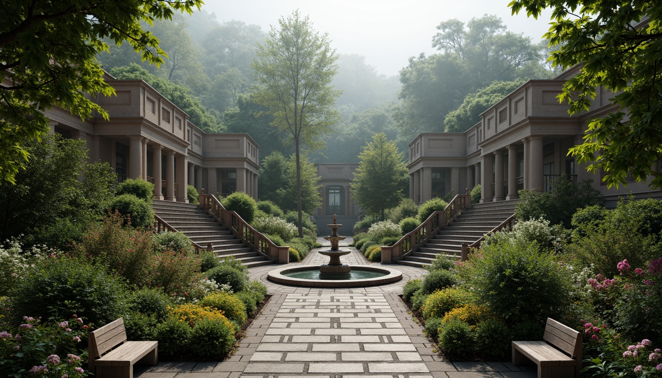 Prompt: Baroque-inspired gardens, ornate fountains, grand staircases, symmetrical pathways, lush greenery, vibrant flowers, majestic trees, natural stone walls, rustic wooden benches, intricate ironwork, dramatic lighting, misty atmosphere, shallow depth of field, 1/1 composition, panoramic view, realistic textures, ambient occlusion.