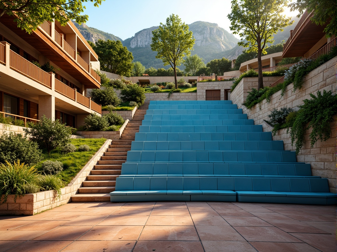 Prompt: Vibrant outdoor amphitheater, gradient blue seats, warm beige stone walls, lush green grassy slopes, natural wood accents, earthy terracotta flooring, soft golden lighting, dramatic spotlights, 1/2 composition, low-angle shot, realistic shadows, ambient occlusion.